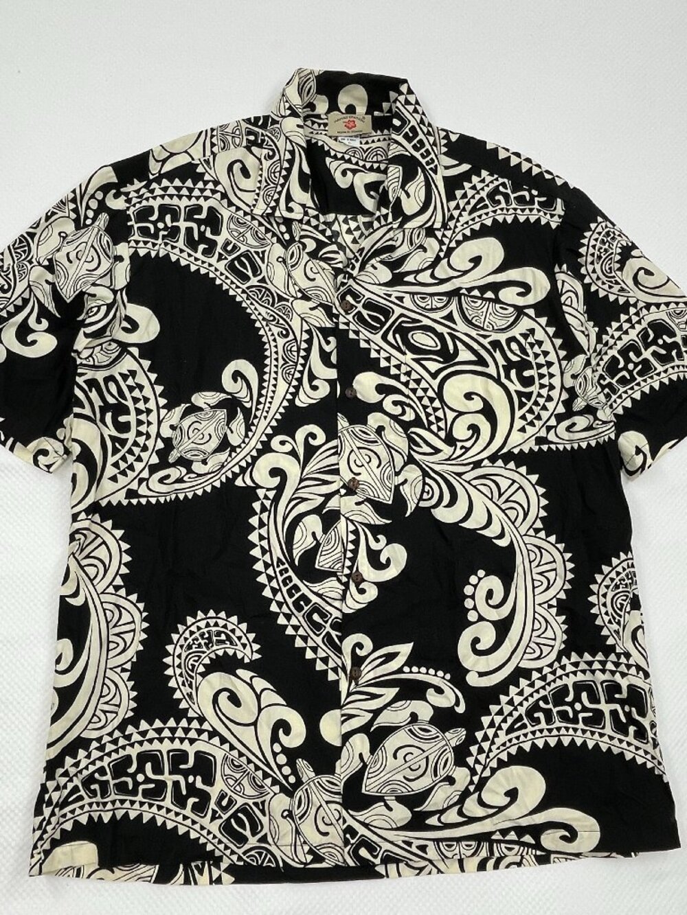 Hawaii Station Hawaiian Tribal Sea Turtle Shirt Black White Cotton Men's XL